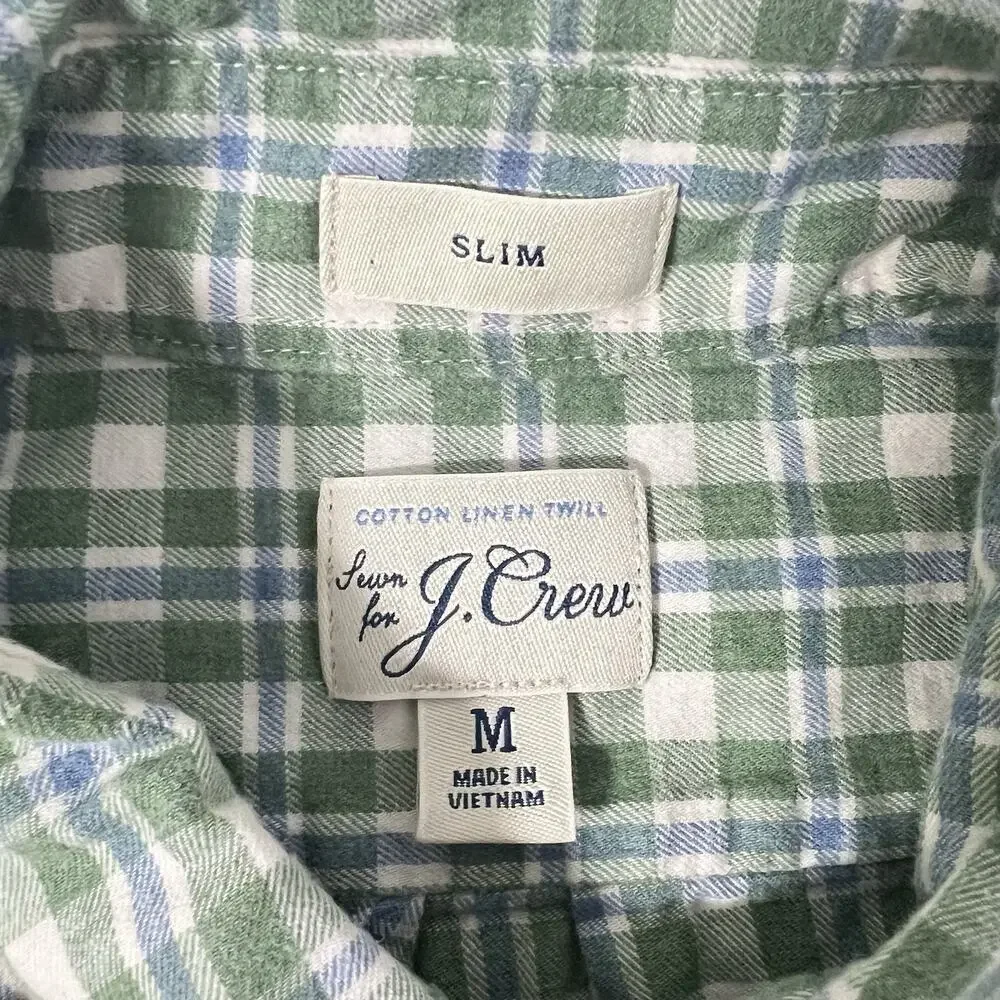 J.CREW Button Down Shirt Mens M Green Cotton Linen Twill Preppy Slim